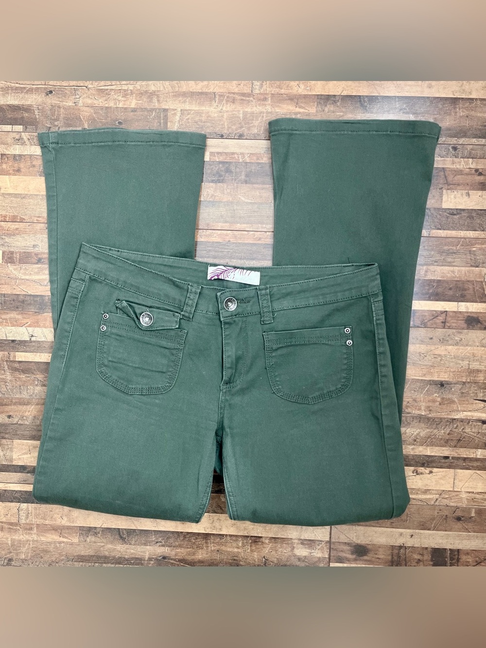 Fusion Y2K Vintage Low Rise Flare Stretch Pants Olive Green Sz 13